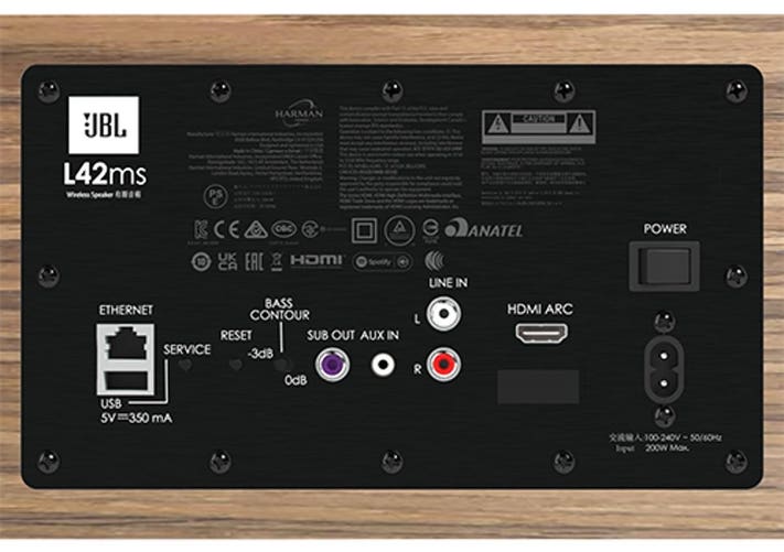 There are two analog inputs, HDMI, and Ethernet available for connection on the back of the JBL L42ms. While there is a subwoofer output, there are no optical or coax choices available.