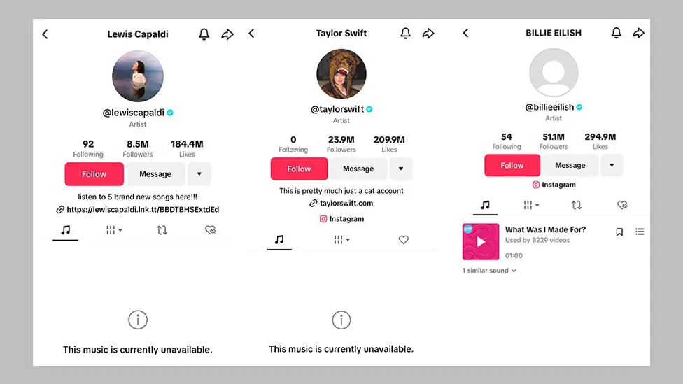 The likes of Lewis Capaldi and Taylor Swift have no music available, while Billie Eilish only has one track available, which is not a Universal song