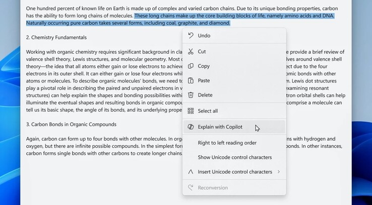 Screenshot of Notepad version 11.2401.25.0 . Copilot can be triggered right from the context menu.