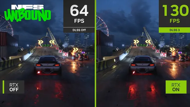 An Nvidia demonstration of a Need for Speed Unbound screen with and without DLSS (super-resolution) activated.