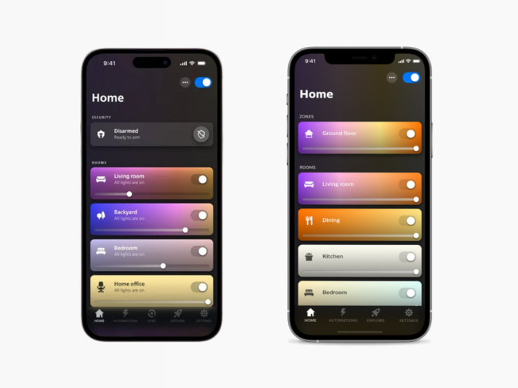 The old (left) and new (right) versions of the Philips Hue app for iOS.