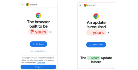 The official Chrome update, left, and fake update from Brokewell, right